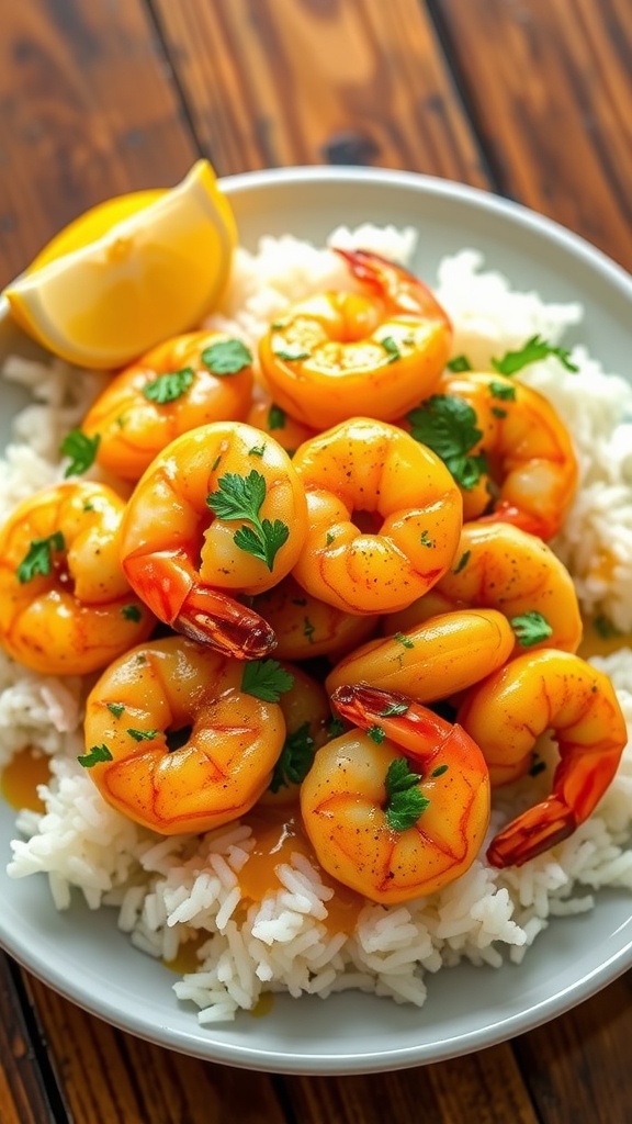 Garlic butter shrimp served on a plate with rice, lemon, and parsley, showcasing a delicious and inviting meal.